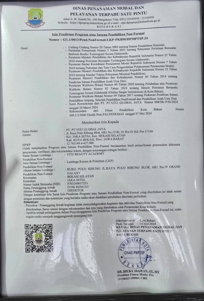Surat Izin Operasional LKP Vitz Beauty Academy dari Dinas PMPTSP Kota Bekasi